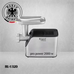 Rugen Meat Grinder model RU-1320 Power: 2000 watts Reverse rotation system: Yes Body material: stainless steel Speed adjustment: Yes Throat size: large